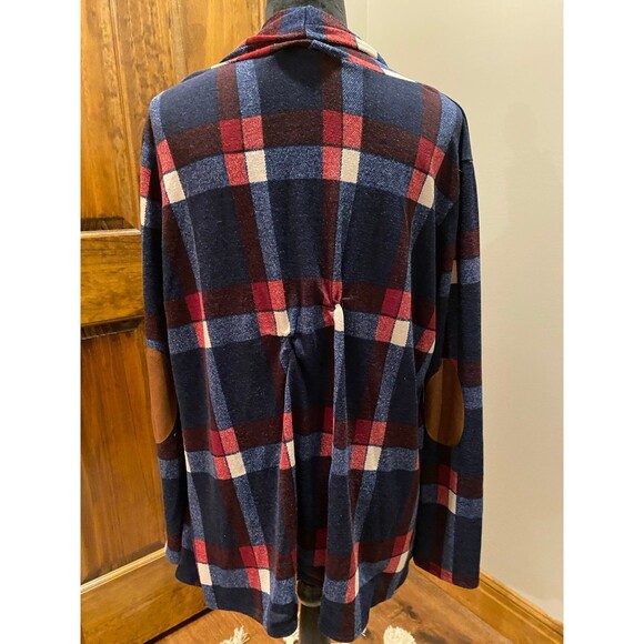 EGY Womans Jacket Plus Sz XL Navy Burgundy Plaid Open Front Light Fleece - Picture 6 of 11